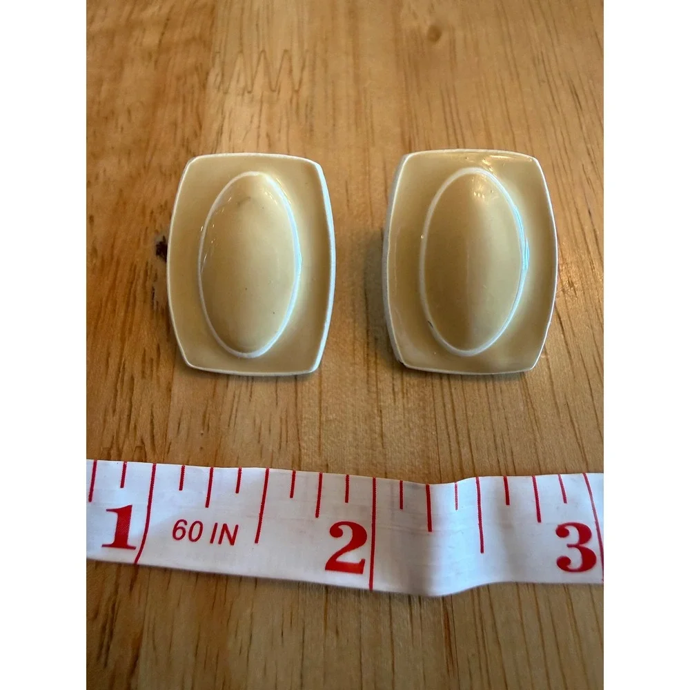Vintage Tan White Enamel Geometric Rectangular Stud Earrings 1980s Retro Post
